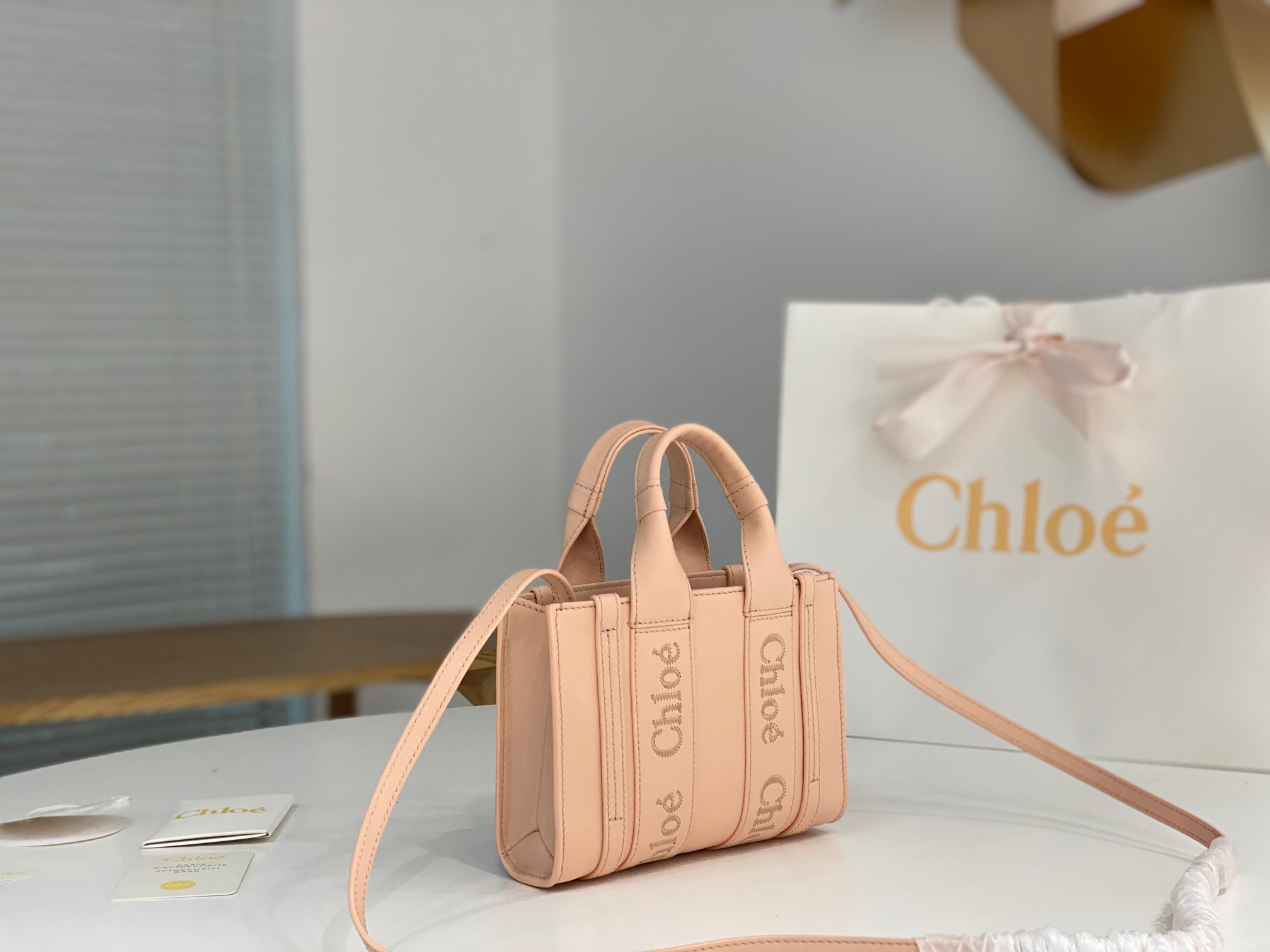 Chloe Mini Woody Tote Bag In Pink Soft Smooth Calfskin Leather